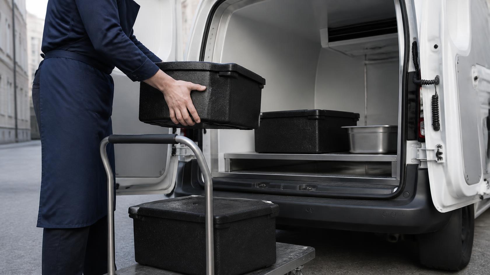Cateringtransportboxar redo för lastning i kylbil